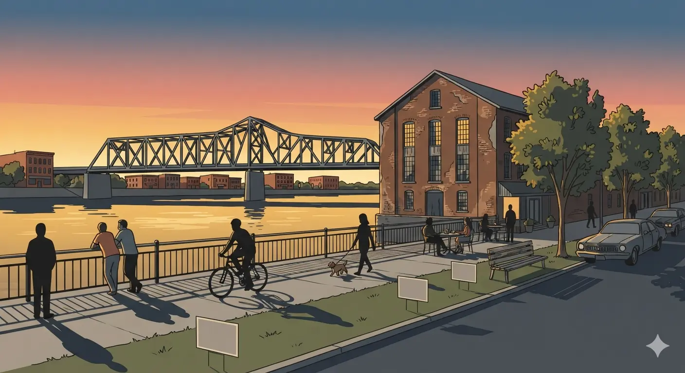 Fremont riverfront and bridge at dusk